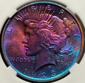 Peace Silber Dollar 1923 Stempelglanz Monster Rainbow Toning 1 Dollar Münze BLAU LILA RAR - Bild 1 von 2