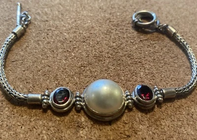 "Impresionante brazalete de plata de ley 925 de 7"" con perlas blancas Mabe y granate rojo" Foto 1 de 4