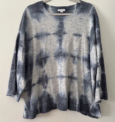 Top Pure Jill Grande Desteñido Azul Corbata Teñida Manga 3/4 Cuello Redondo Aberturas Laterales Foto 1 de 4