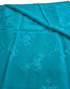 Vintage Pure Silk Fabric – 3.5 Yards Green Teal Floral Chinese Brocade, 29" Wide - Picture 1 of 9