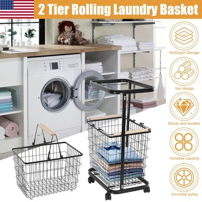 Laundry Hamper Basket Sorter Clothes Storage Organizer Shelf Rolling Cart 2-Tier - Image 1 of 4