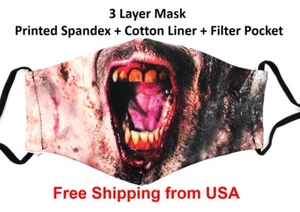 Zombie Mouth Teeth Face Mask Halloween Costume Filter Pocket 2 Filters Reusable - Picture 1 of 6