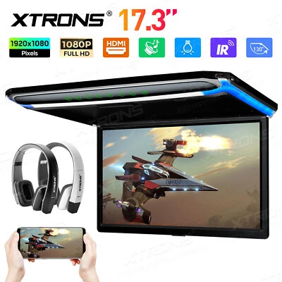 17.3'' Screen Flip Down Car Roof Mount Monitor Overhead HDMI Player+2xHeadphones - Image 1 of 4