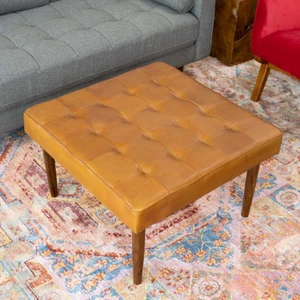 Mark Mid-Century Tufted Square Genuine Leather Upholstered Ottoman In Tan - Picture 1 of 4