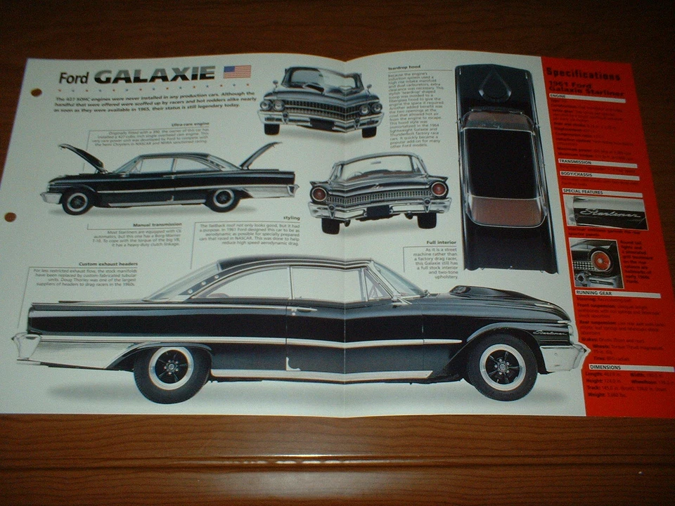 Ford Galaxie Starliner 1961 hoja de especificaciones folleto información foto póster impresión 61 Foto 1 de 1