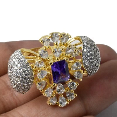 Anel solitário folheado a ouro ametista e zircônia promessa presente de noivado para esposa/mãe - Imagem 1 de 4