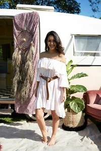 Kiik Luxe Candy Stripe Dress / Top with Ruffle Shoulder in Blush - Picture 1 of 5