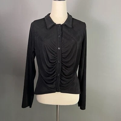 Boohoo Y2K Sheer Slinky Ruched Button Blouse Womens 14 Black Disco Whimsigoth - Image 1 of 4