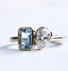 You and Me Ring Birne Weiß & Smaragd Aquamarin Diamantring CZ Toi Et Moi Ring - Bild 1 von 6