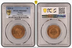 France FDC: full RED GEM BU 5 centimes Cérès 1893 A PCGS MS66RD - Picture 1 of 1