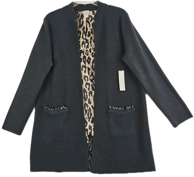 CHICO'S ~Size 2(US L)~ Gray Knit Open Front Long Cardigan Animal Woven Back NWT  - Image 1 of 4