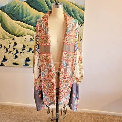 Johnny Was Silk Kimono Mixed Print Floral Sz Large Pockets Patchwork Boho - Image 1 of 4