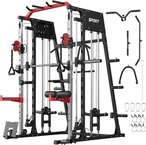 All-in-One Smith Machine, 2200LBS Heavy Duty Power Cage with Dual Pulley System - Picture 1 of 10