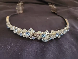 Vintage Beaded Headband Rhinestone Blue - Picture 1 of 7