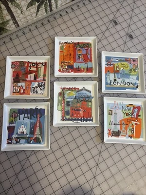 6 CRATE & BARREL Square Tapas Plates Paris London Tokyo Venice New York 5.75” - Image 1 of 4