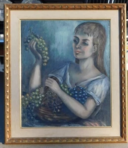Mid 20th century oil painting, girl with grapes signed mystery artist - Picture 1 of 3