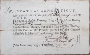 Connecticut CT 1782 Fiscal Paper, Comptroller Ralph Pomeroy Two Shillings, Six P - Bild 1 von 2