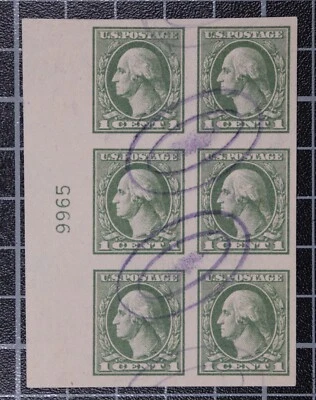 Scott 531 - 1 Cent Washington Used Plate Bk Of 6 Left Plate# 9565  SCV $165.00 - Image 1 of 2