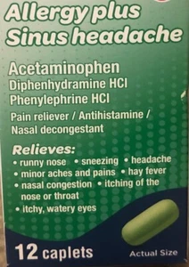 Allergy Plus Sinus Headache Multi-Symptom ValuRx -12 Caplets-New-Part Label Miss - Picture 1 of 10