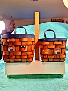 2 Patriotic Americana Natural Woven Hanging Baskets w/ Red & Blue Trim New - Picture 1 of 12