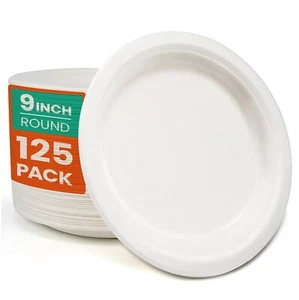 Compostable Paper Plates 9 Inch125 Disposable Heavy Duty Paper Platessugarcane B - Picture 1 of 6