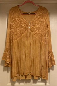 Indigo Thread Co Babydoll Top Bell Sleeve Woven Lace Boho Yellow Sz 3X - Picture 1 of 7