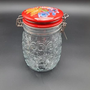 Pioneer Woman Celia Clamp Jar Embossed Clear Glass 38 oz Red Floral Ceramic Lid  - Picture 1 of 8