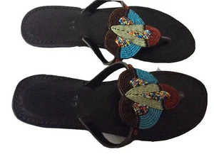 Handgefertigte Leder Hausschuhe Flip Flops Gr. 42 Perlen Home Made in Kenia - Bild 1 von 9