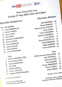 Wycombe Wanderers - Charlton Athletic teamsheet 11/5/25 play off semi final - Picture 1 of 1