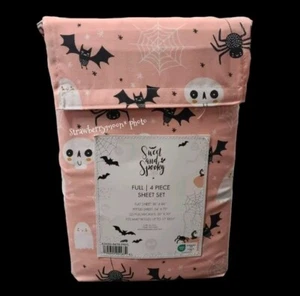 4pc Pink Halloween Full Bed Sheet Set Decor Ghost Skull Spider Bats New - Picture 1 of 9