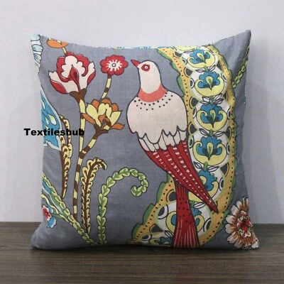 Indian Grey Bird Printed Cotton Cushion Cover Pillow Cases Home Decorative Cover - Image 1 of 4