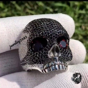 Halloween 3Ct Black Cubic Zirconia Men's Skull Ring 14k White Gold Plated Silver