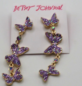 NEW Betsey Johnson Butterfly Earrings, Lavender Crystals & Rose Gold Long Dangle