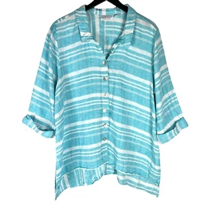 Habitat 100% Linen Striped ¾ Sleeve Oversized Top Aqua Mother of Pearl Size XL - Picture 1 of 6