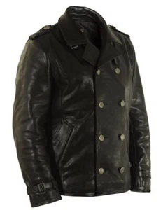 Men's Real Cowhide Leather Pea Coat / Jacket Double Breasted Leather Pea Coat - Picture 1 of 4