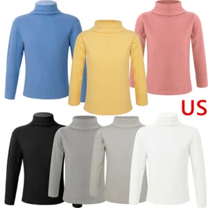 Boys Girls Solid Color Turtleneck T-Shirt Tops Cotton Mock Neck Long Sleeve Tops - Picture 1 of 60