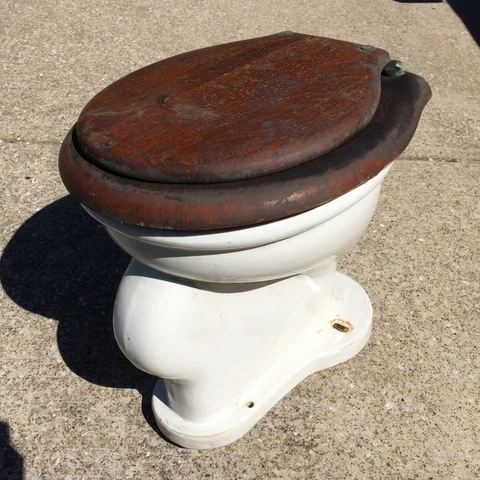 Rare Antique Vintage Wall Mount Toilet Bowl With Original Wood Oak Seat Cover