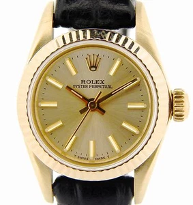 Damen Rolex Massiv 14k Gelbgold Oyster Perpetual Uhr Schwarz Champagner 67197 - Bild 1 von 7