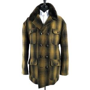 Schott NYC Mouton Faux Fur Collar Peacoat Plaid Tweed Lthr Btn 5 XL (56-58) - Picture 1 of 14