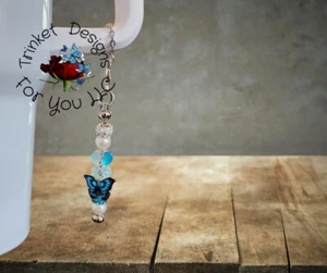 Beaded Dangle Charm For Tumbler Handles Blue, White, Silver With Butterfly Charm - Picture 1 of 3