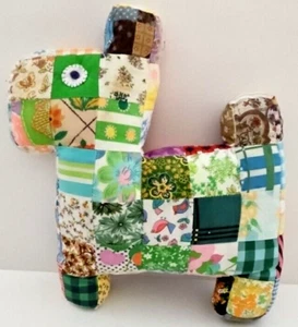 Vtg. Handmade 11"x 12" Dog Green / Red Patchwork Pillow Plush FLAW Stain - Picture 1 of 9