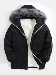 Mens Corduroy Faux Fur Collar Hooded Sherpa Lined Simple Coats - L Black - Picture 1 of 2