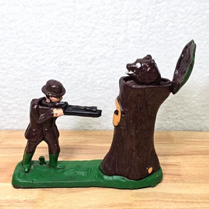 Vintage Cast Iron Mechanical Coin Bank Hunter Shooting Bear In Tree - Picture 1 of 17