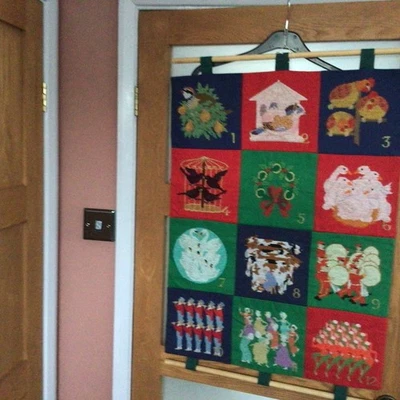 COMPLETED HANDMADE 12 DAYS CHRISTMAS CROSS STITCH WITH HANGING POLES FULLY LINED - Image 1 of 4