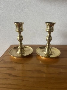 Vintage Pair Brass Round Base Candlestick Holders 5” Tall Heavy - Picture 1 of 5