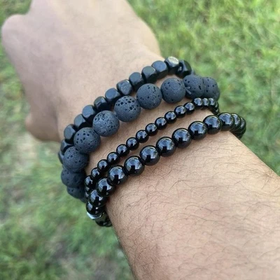 4 pcs Black lava stone Goth stretchy Punk Bracelet set  Y2k  For Men Women - Image 1 of 4