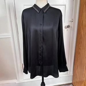 Chico’s Satin Button Down Shirt Black Embellished Collar Satin Long Sleeve XL - Picture 1 of 14