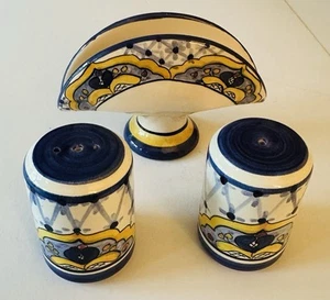 Hand Painted Ceramic Napkin Holder Salt & Pepper Shakers Likely from Portugal - Picture 1 of 9