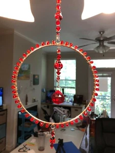 Red Crystal Lady Bug Sun Catcher Ring With a Bright Red Faceted Crystal Ball - Picture 1 of 6