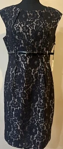 Calvin Klein Black Lace Overlay Sheath Dress Sleeveless Size 10 Belted Brand New - Picture 1 of 11